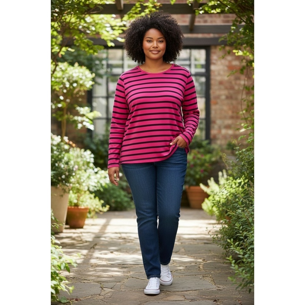 Lauren Ralph Lauren Pink/Navy Striped Cotton Long Sleeve Tee 2X womens